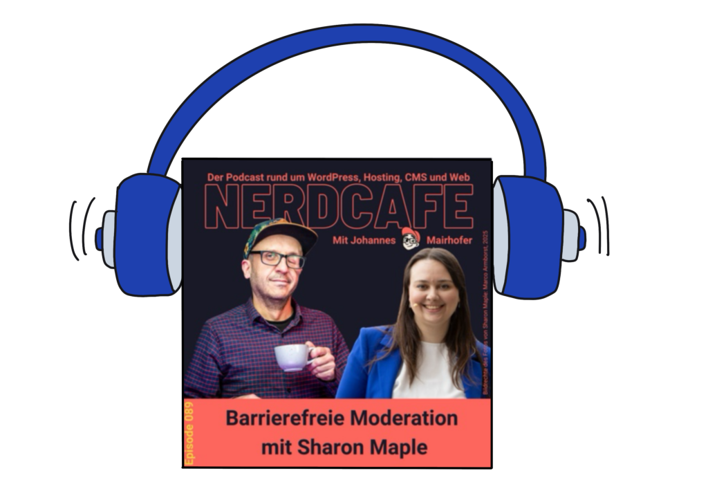 Podcast-Anzeigebild. Nescafé. Links Johannes, rechts Sharon. Darum ein Kopfhörer.