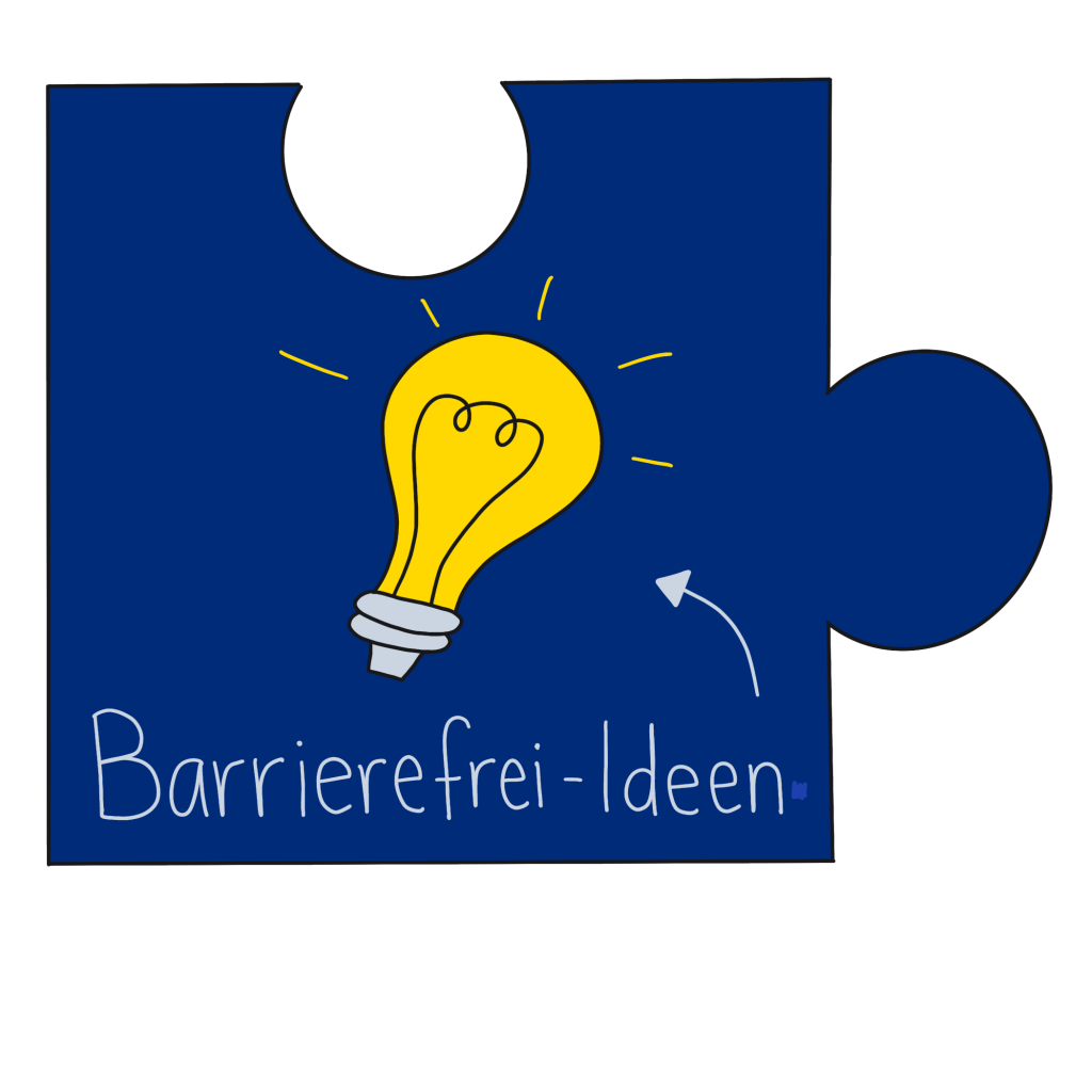 Blaues Puzzleteil, auf dem eine gelbe Glühbirne gezeichnet ist. Darunter steht Barrierefrei-Ideen.