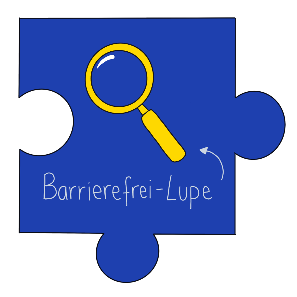 Blaues Puzzleteil, auf dem eine gelbe Lupe gezeichnet ist. Darunter steht Barrierefrei-Lupe.