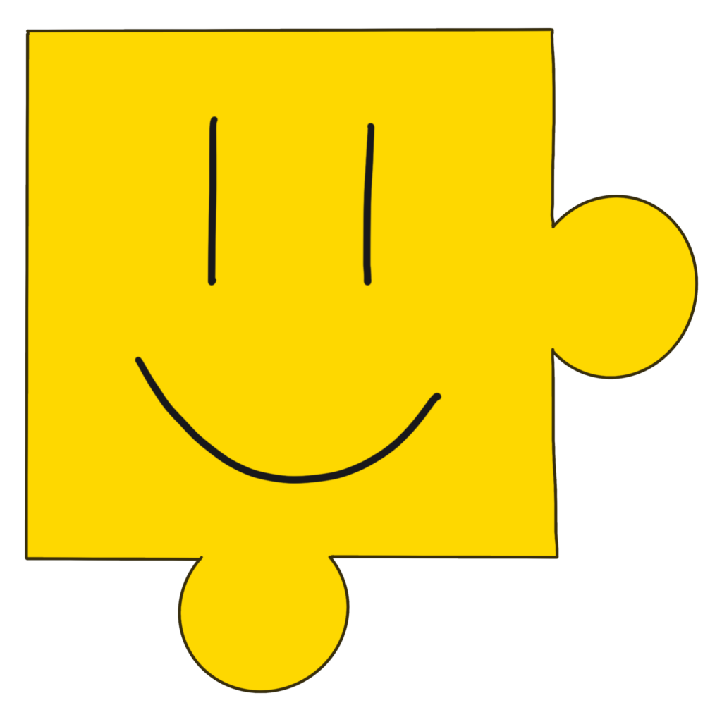 gelbes Puzzle-Teil mit Smiley-Gesicht.